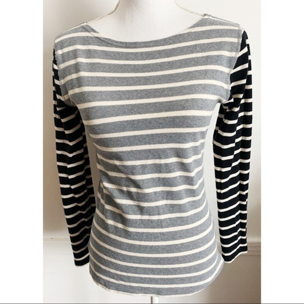 J. Crew • White Grey Black Striped Boatneck Top